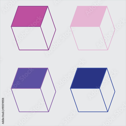 Four isometric cuboids are presented with varying shades of pink and purple on a light gray background
