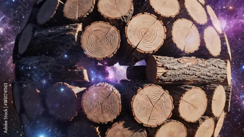 A Unique Sphere Crafted from Wood Against a Cosmic Backdrop.