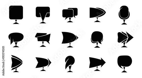 a collection of modern abstract graphic shapes speech bubbles and arrows on stands ideal for ui design elements or communication icons.