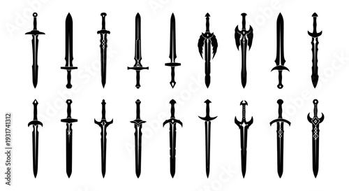 a collection of various fantasy swords and daggers perfect for game assets design elements and heroic warrior themes.