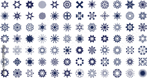 Geometric Snowflake and Mandala Star Icons Collection with Ornamental Winter Shapes Symmetrical Decorative Patterns Vector Set