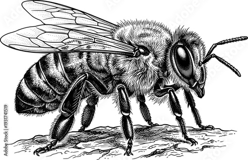 Detailed black and white illustration of a bee standing on a surface isolated on white background
