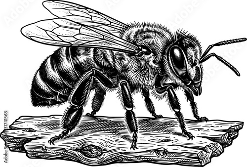 Detailed black and white illustration of a bee standing on a surface isolated on white background

