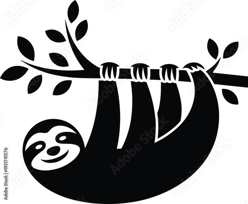 Sloth hanging upside down, tree branch, leaves, relaxed animal silhouette, black and white vector illustration, cute wildlife design, minimalistic style