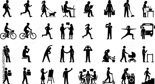 Collection of human silhouettes in various daily life situations and actions isolated on white background
