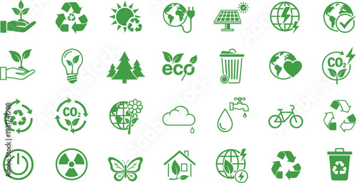 Green Ecology and Environmental Icon Set Featuring Renewable Energy, Recycling Symbols, Solar Power, Nature Conservation, and Sustainable Lifestyle Graphics for Eco Friendly Branding
