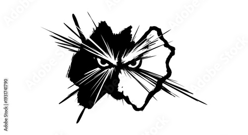 angry intense eyes with radiating lines in abstract black and white graphic design evoking strong emotions and vigilance.