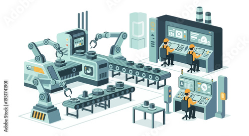 Isometric Smart Factory: Robotic Arms, Conveyor Belts & Human Operators. Modern Manufacturing, Industrial Automation & Industry 4.0 Concept