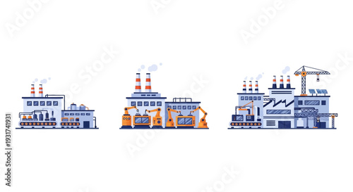 Industrial Factory Buildings Set: Manufacturing, Automation, & Green Energy Production Illustration