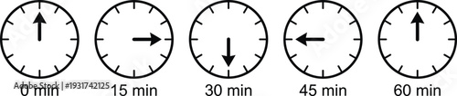 Vector Icon Set of Simple Analog Timers Showing Fifteen Minute Intervals, Black and White Clock Sequence for Time Tracking Design,