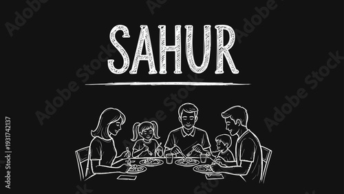 family sahūr meal illustration on a blackboard depicting a muslim family eating together before fasting during ramadan.