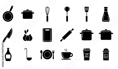 Dark Gray Silhouette Kitchen Tools and Household Icons