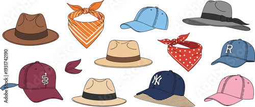 Fashion Hat and Bandana Icon Set with Baseball Caps Fedora Sunhat Headwear Accessories for Casual Style and Summer Collection.