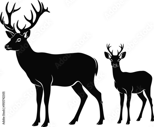 Deer stag and young fawn silhouettes vector illustration isolated on white background, wildlife animal family graphic design element
