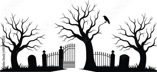 Black and white vector illustration of spooky graveyard silhouettes with bare trees, crow and cemetery gate isolated for Halloween design and horror themes