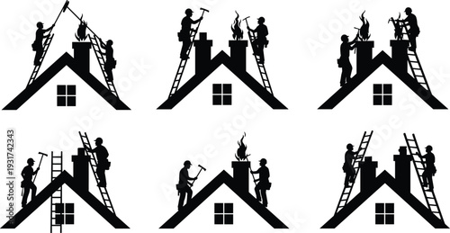 Chimney sweep silhouettes cleaning house roof and fireplace with ladders and tools isolated on white background home maintenance vector illustration set