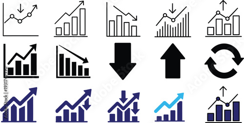 Business Analytics Graph and Chart Icons with Growth and Decline Arrows