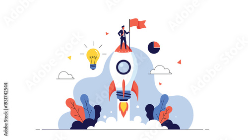 Businessman standing on flying rocket with red flag surrounded by icons like lightbulb and pie chart representing successful startup launch.