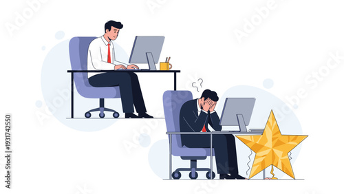 Contrasting office scene with one businessman working and another frustrated man with broken gold star under desk representing failure.