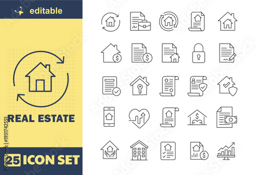 A set of editable real estate icons on a white background