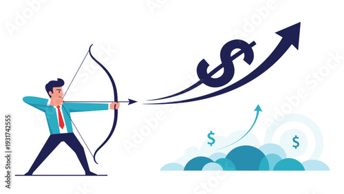 Businessman aiming bow and arrow at large rising dollar sign symbolizing financial goal setting and targeting high profits in market.