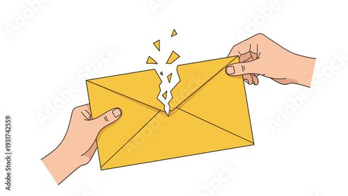 Close up of two hands tearing large yellow envelope in half representing end of communication or breaking news in business.
