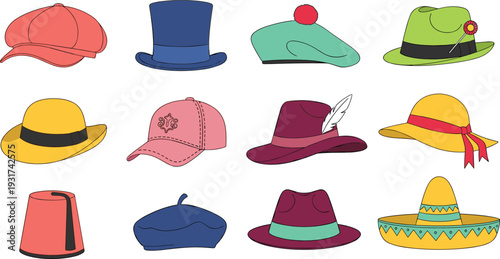 Fashion Hat Collection Vector Set with Cap Top Hat Beret Fedora Sombrero and Elegant Women Summer Headwear Illustration.