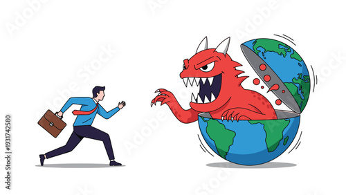 Businessman running away from giant red monster emerging from planet earth globe symbolizing global crisis or economic disaster.