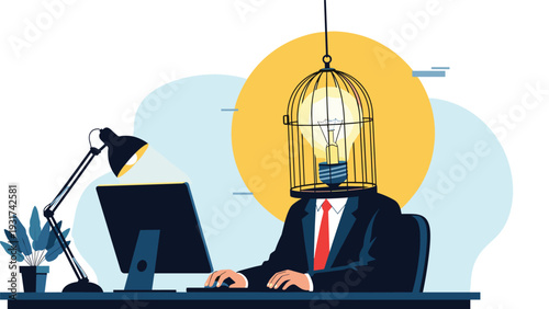 Businessman working at computer with lightbulb trapped inside birdcage over his head representing lack of creativity or trapped ideas.