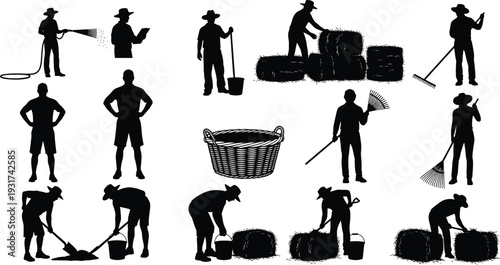 Collection of farmer silhouettes performing agricultural tasks including hay baling raking digging harvesting and carrying baskets isolated on white background vector set