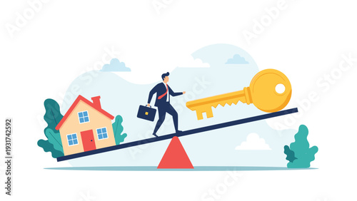Businessman walking on a balance scale with a small house on one side and a giant gold key on the other for property success.