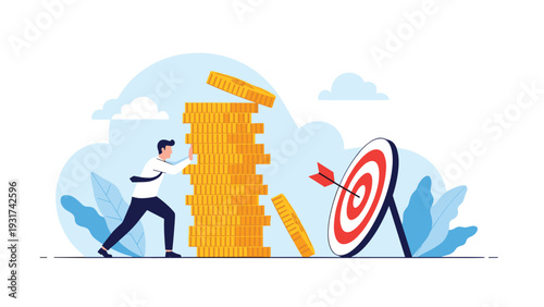 Businessman trying to push large falling stack of gold coins towards target representing efforts to save financial investments and goals.