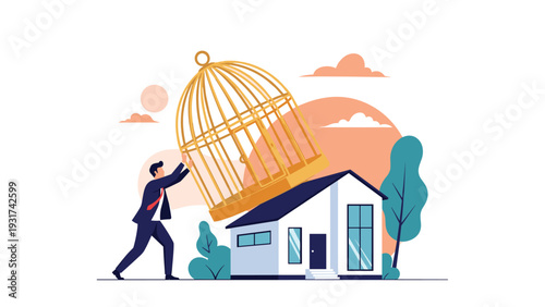 Strong businessman lifting a giant golden birdcage off of a small white house to represent freedom and liberation from debt.