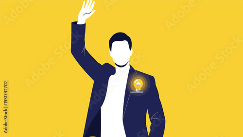 Passionate leader raising his hand with a brilliant idea glowing inside his heart to inspire team members during a meeting.