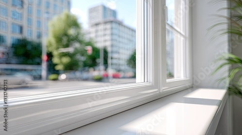 Bright and Airy View from a Modern Window Overlooking a City Street with Soft Natural Light Streaming In and Lush Greenery Outside