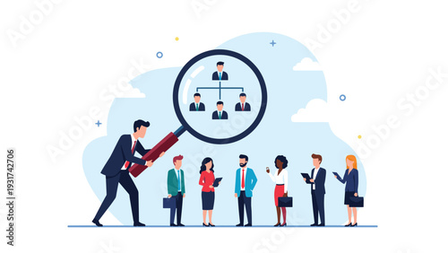 Manager using a large magnifying glass to inspect a corporate organizational structure for potential hiring and team management.