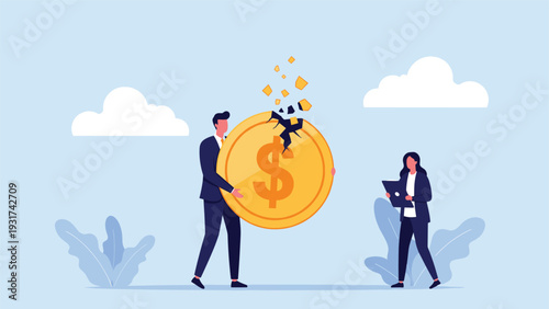 Distressed businessman holding a massive gold coin that is cracking apart during a sudden financial market downturn.