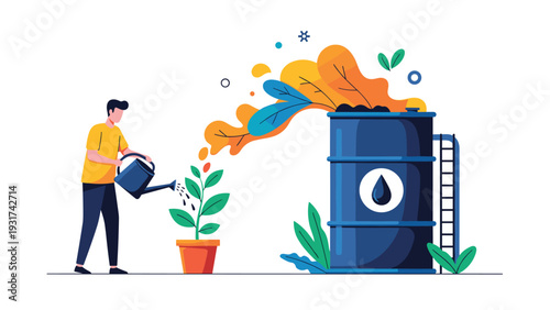 Eco-friendly worker watering a plant that sprouts from an industrial oil barrel to promote green energy and sustainability.