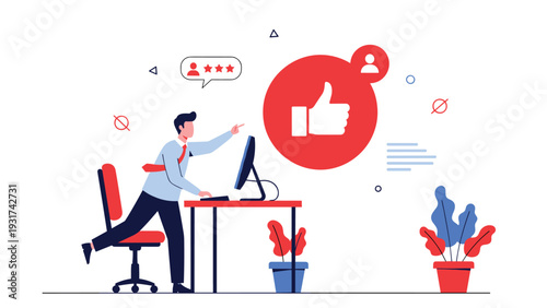 Motivated employee working at his desk and reaching out for a giant positive feedback like icon to boost his career rating.