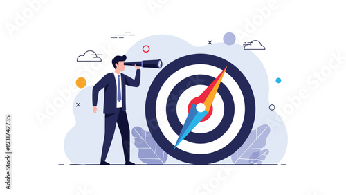 Executive using a telescope to find the right direction on a giant compass target for long-term strategic company growth.