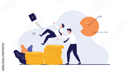 Supportive coworker catching his teammate who is falling from a high stack of gold coins during a financial business failure.