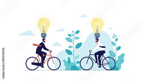 Innovative professionals riding bicycles while carrying giant lightbulbs on their heads to show creative ideas in motion.