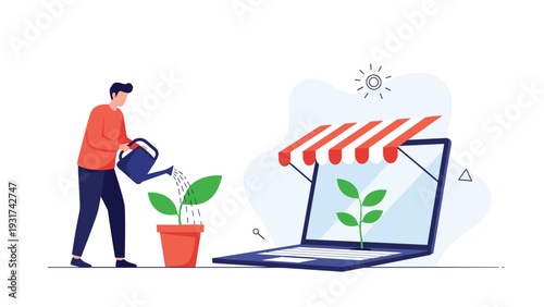 Entrepreneur watering a small plant next to a digital store growing on a laptop to represent the growth of an online business.