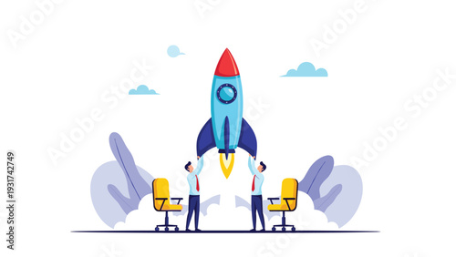 Team of entrepreneurs launching a powerful rocket from their office to symbolize the rapid takeoff of a new business startup.