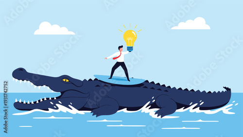 Brave entrepreneur surfing on the back of a giant crocodile while holding a lightbulb to navigate dangerous business risks.