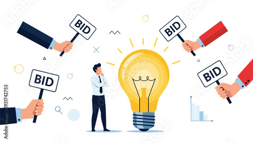 Creative inventor standing next to a brilliant idea lightbulb while multiple investors hold up bid signs to buy the concept.
