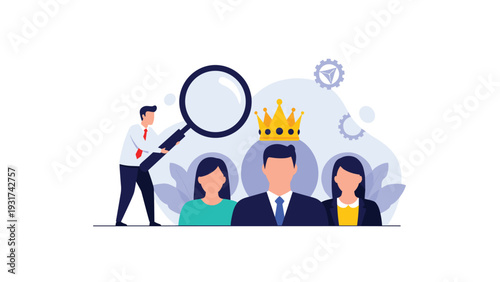 Recruiter using a magnifying glass to identify a top-performing candidate with a gold crown among a group of job applicants.