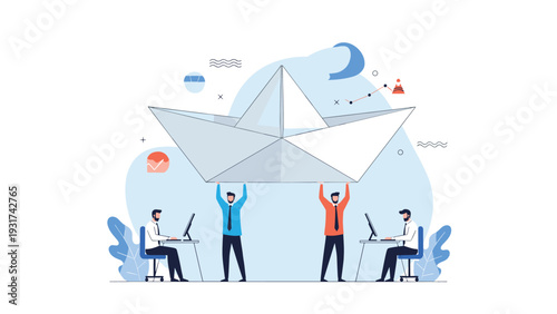Dedicated team of office workers collaborating to carry a massive paper boat as a symbol of their shared business journey.
