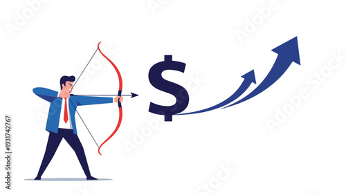 Strategic investor aiming a bow and arrow at a giant dollar sign to hit a high-profit financial target and grow his wealth.
