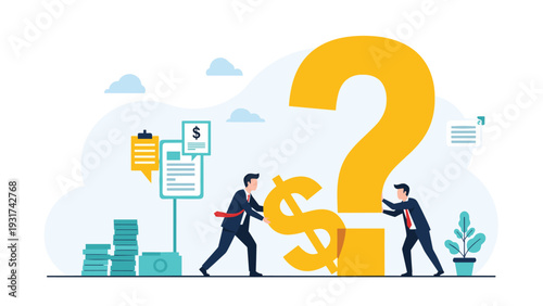 Partners working together to fit a dollar sign into a giant question mark to solve a complex financial business mystery.